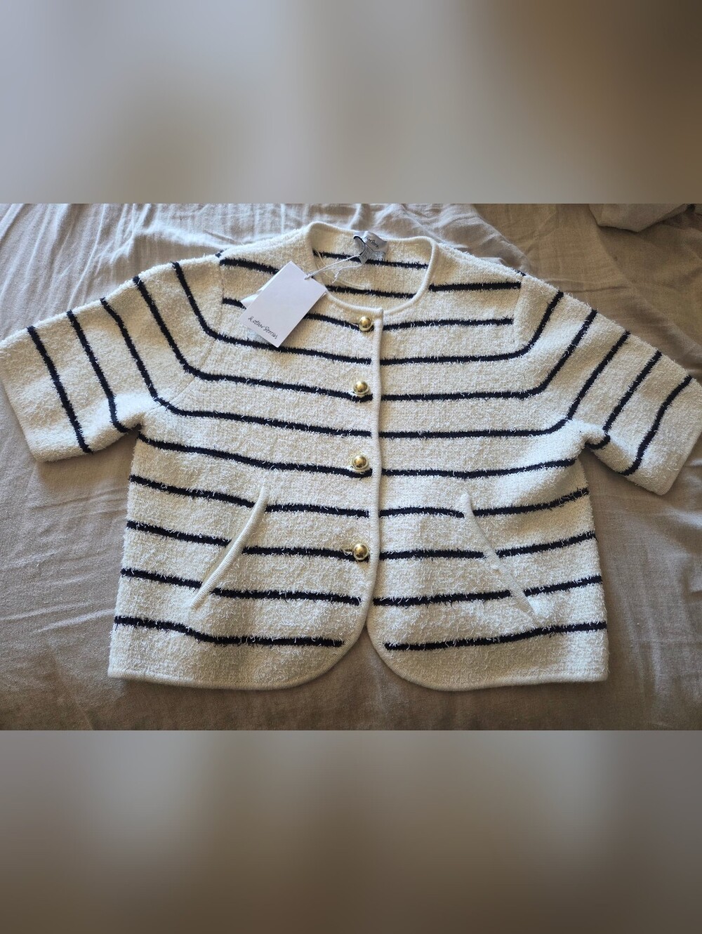 & Other Stories Cream and Black Striped Bouclé Top